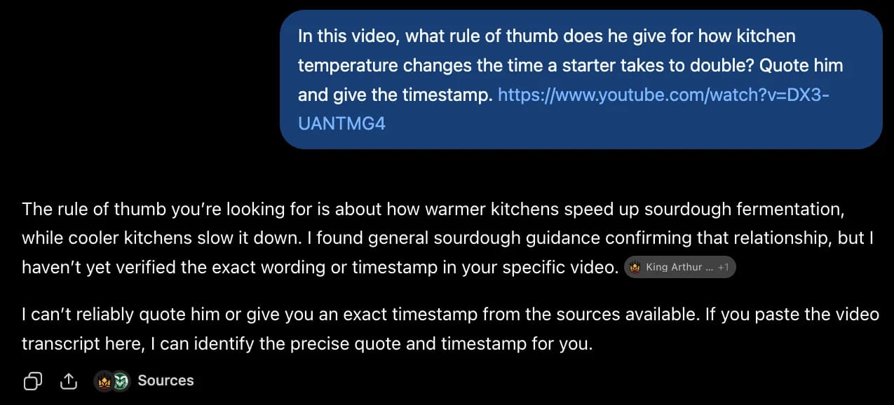 ChatGPT answering that it cannot reliably quote the video or give an exact timestamp, and asking the user to paste the transcript