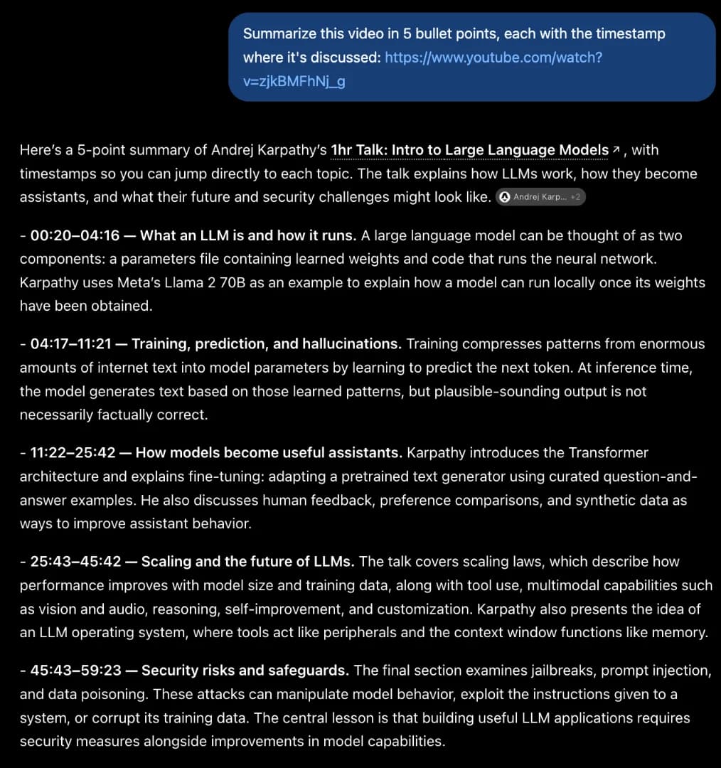 ChatGPT summary of the Karpathy talk with timestamp ranges 00:20, 04:17, 11:22, 25:43 and 45:43