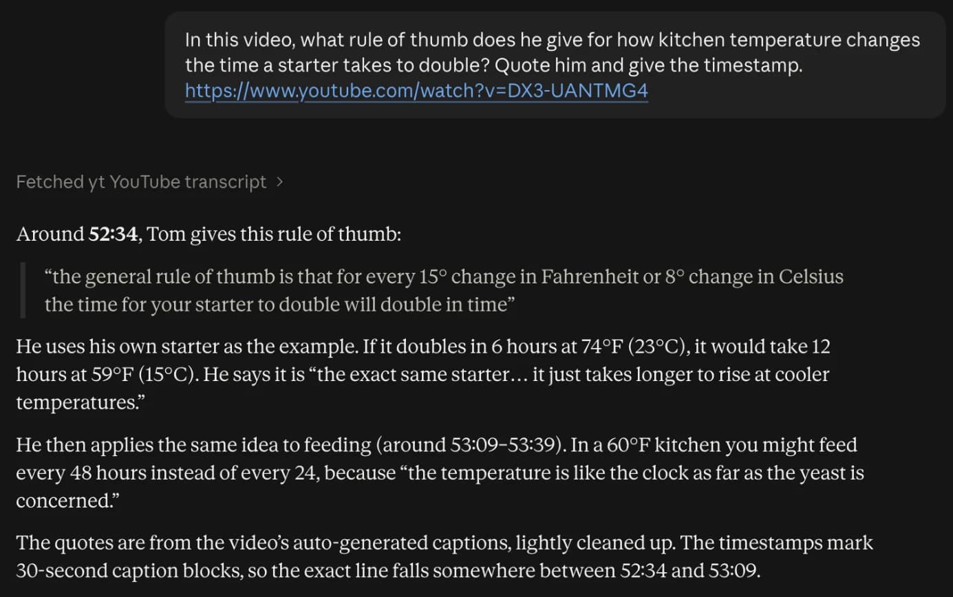 The assistant fetches the YouTube transcript and quotes the rule of thumb at 52:34 word for word