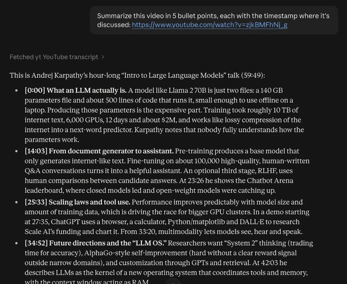 Assistant fetches the YouTube transcript and summarises the Karpathy talk with details such as 140 GB, 6,000 GPUs and $2M
